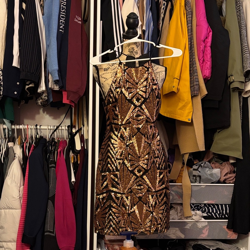 Everly Geometric Sequin Mini Dress in Gold and Black